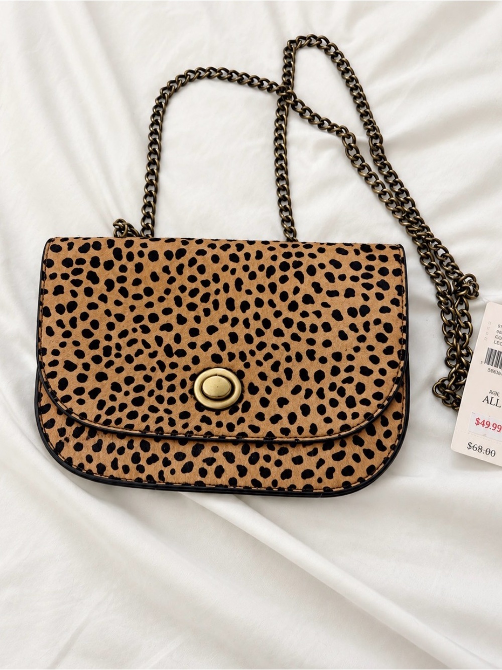 Anthropologie Leopard-Print Crossbody in Tan and Black with Gold Chain Detail